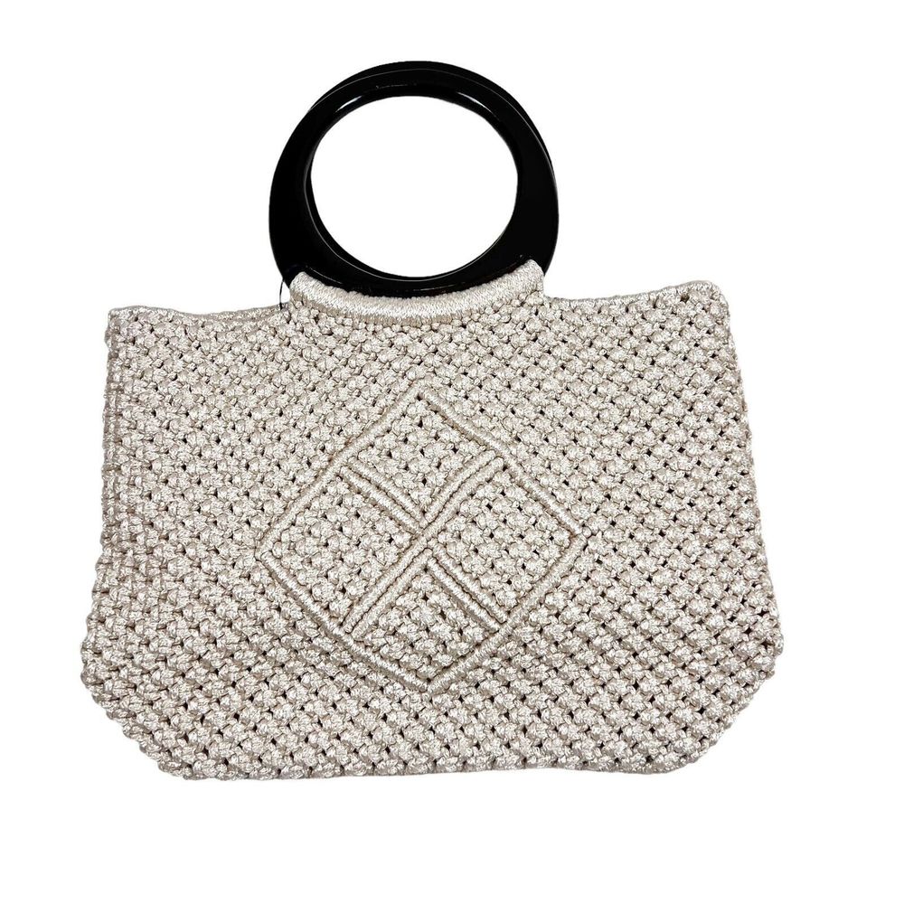 NEW Hand Woven Knit Macrame Large Bag Ivory Wood Handles Pockets Lined Magnetic - Picture 1 of 10